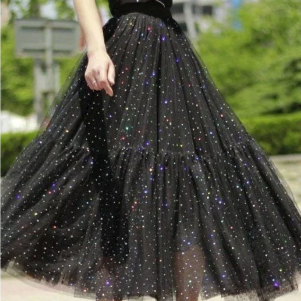 Bohemian Black Wrinkled Sequins Patchwork Tulle Skirt Spring S NWOT